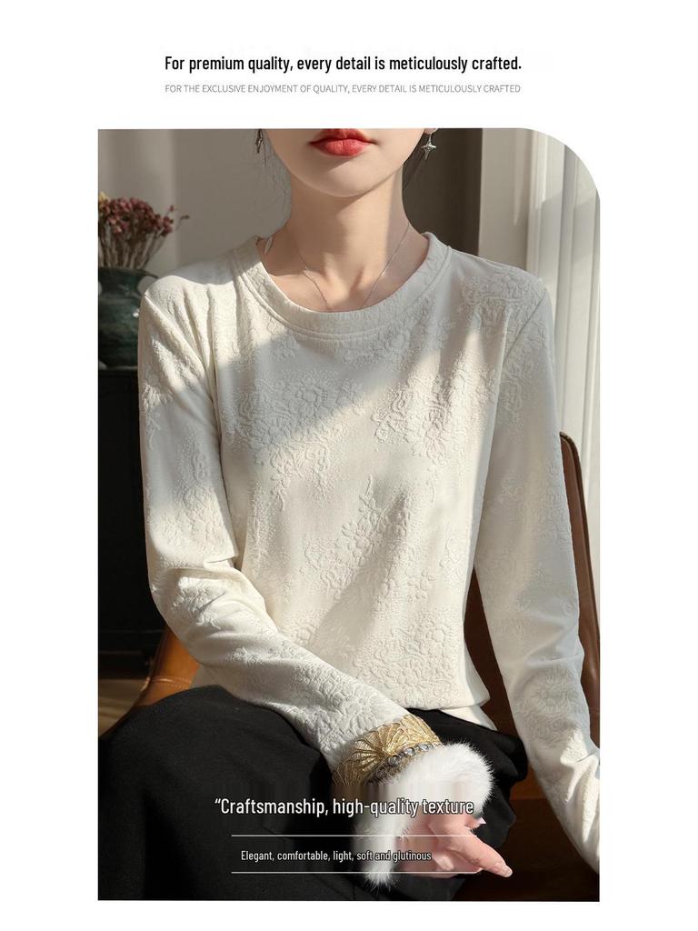 Women's High-End New Chinese Style Round Neck Warm Base Layer Top for Autumn and Winter Fashion