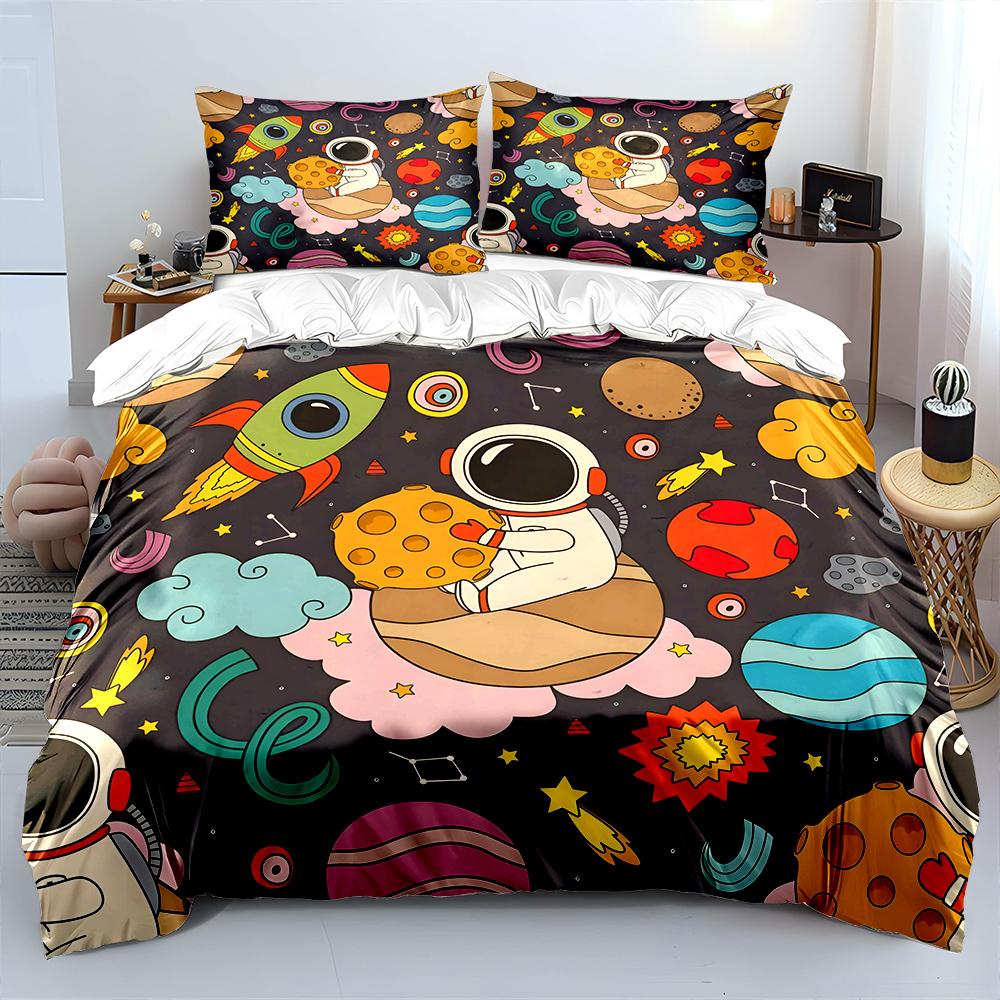 Cartoon Space Scene Astronaut Planets Bedding Set For Kids Luxury Gift 3Pcs Digital Print Comforter Set Soft Comfortable