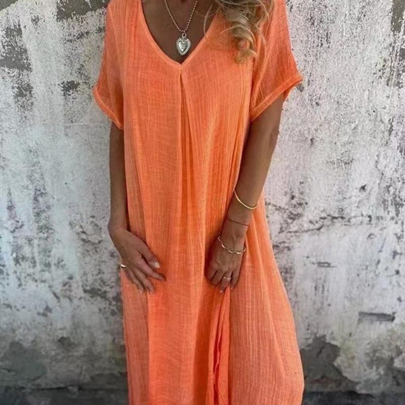 Summer New Women's Fashion Cotton and Hemp V-neck Dress for Women