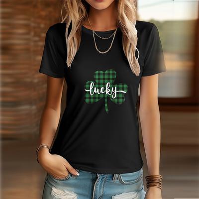 Women's Summer T-shirt, Clover Printed Short Sleeved T-shirt, Casual Printed Top