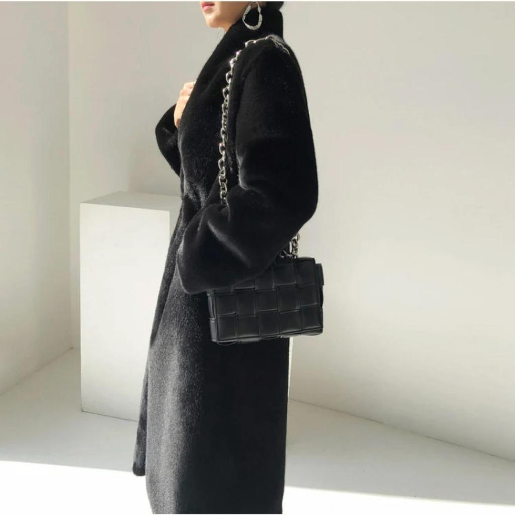 Winter Lang Schwarz Luxuriös Elegant Stilvoll Dick Warm Flauschig Zottelig Weich Faux Nerz Pelzmantel Damen Stehkragen Schärpen