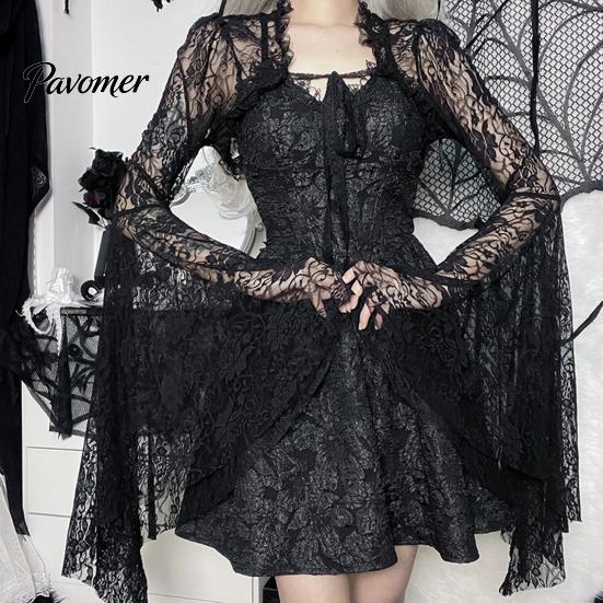 Soft Lace Bell Sleeve Cardigan Vintage Gothic Black T-shirt Elegant Flared Smock Top See Through Sexy Cropped Tops Streetwear Solid Color