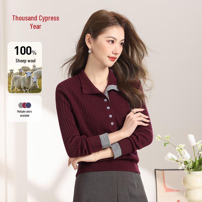 

Qianbainian Women s Pure Wool Color-block Knit Sweater 2XL