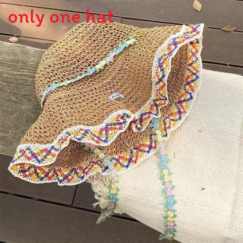 Floral Pattern Wide Brim Straw Hat With Adjustable Fit For Summer Outdoor Wear