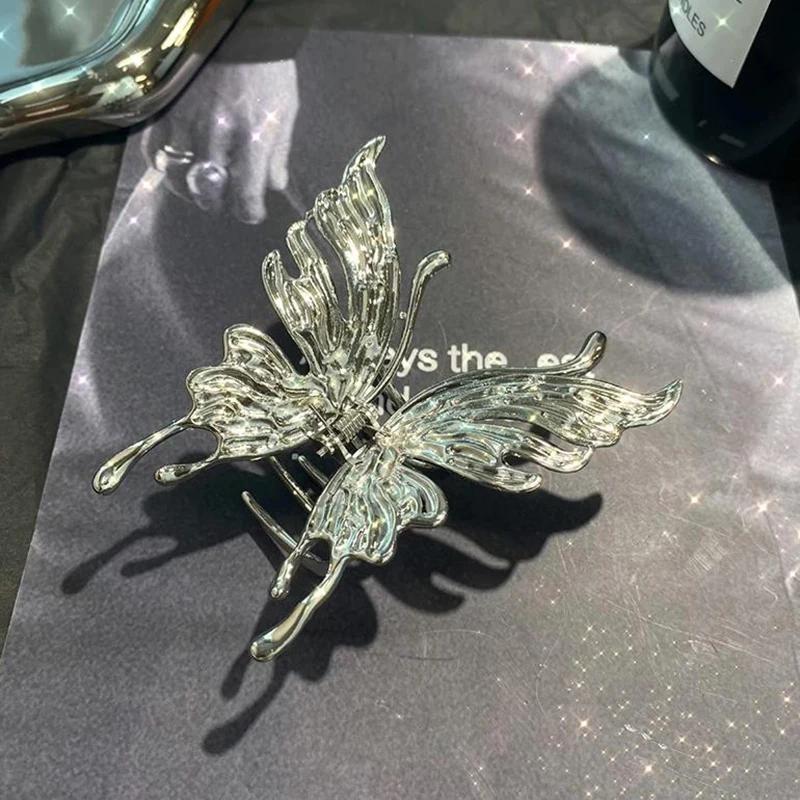 

Большие полые заколки-бабочки для волос для женщин, черные, серебристые, в крутом металлическом стиле, модные зажимы-акулы, набор аксессуаров для головы