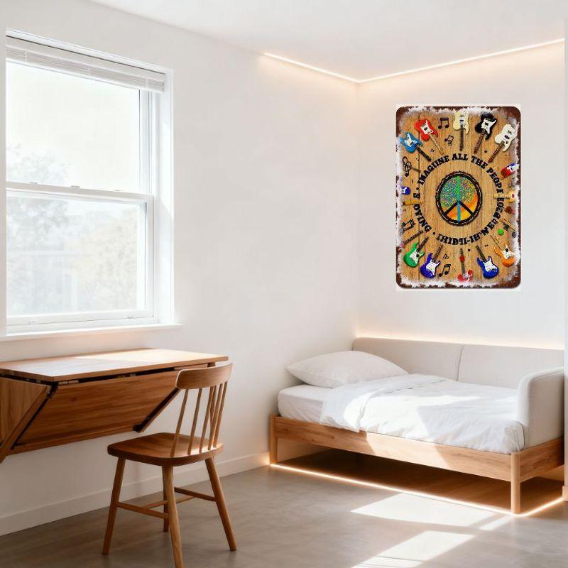 Vintage Metal Sign with Peace Symbol, Trees & Colorful Guitars, Musical Notes - 1960s Counterculture Peace & Music Art for Home