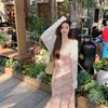 Summer Floral Suspender Long Dress Women's Early Spring New Lace Splicing French Waist Long Dress Beach Skirt
