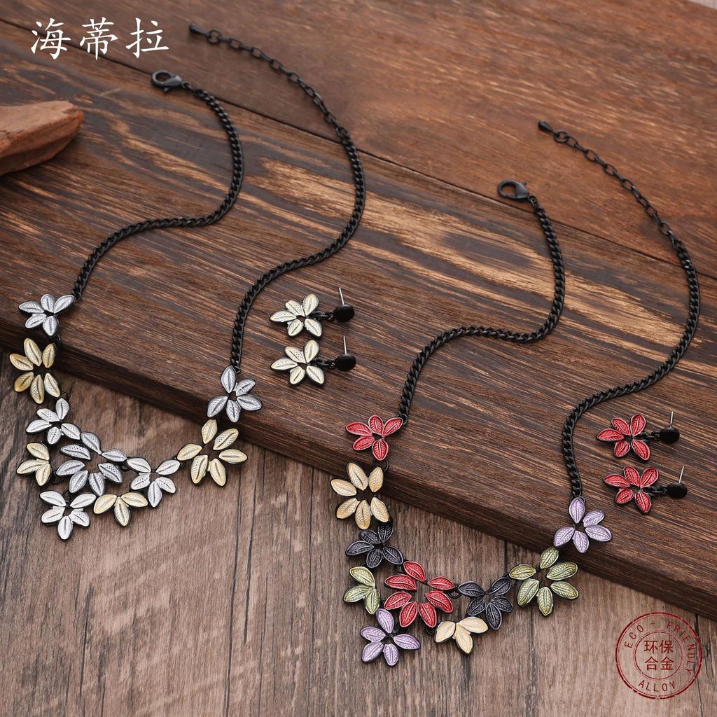Colored Leaf Earrings Necklace Set Leaf Coarse Necklace Earrings Necklace Women's Jewelry Set