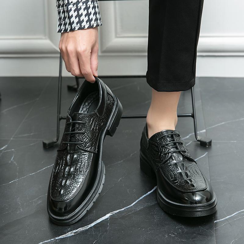 Fashion Luxury Brand Crocodile Patterned Men's Business Formal Shoes Thick Soled Lace Up Workwear Shoes Men's Leather Casual Shoes