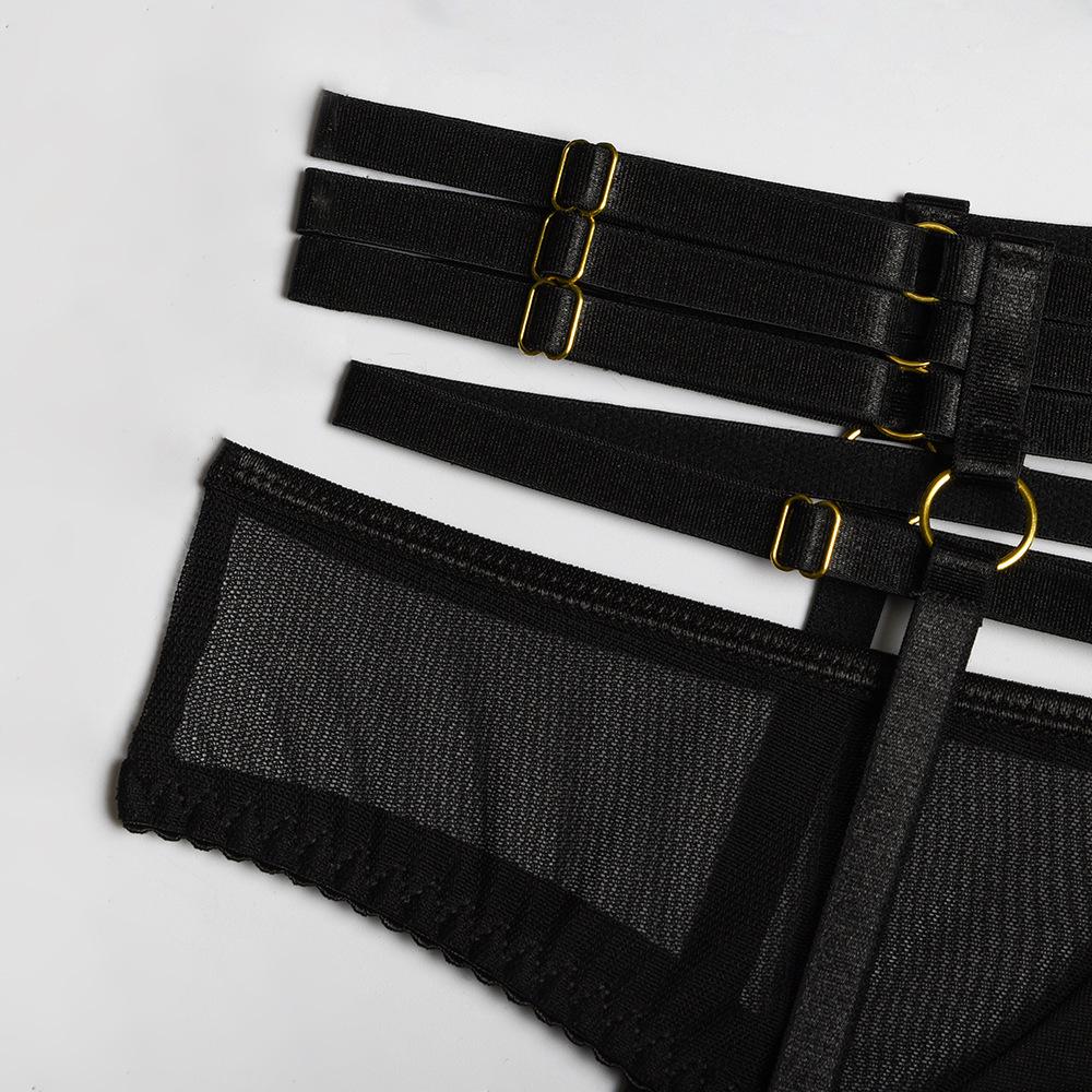 TOOXIKA Women's Lace Sexy Lingerie Sexy Perspective Mesh Temptation With Leg Ring Four-piece Set