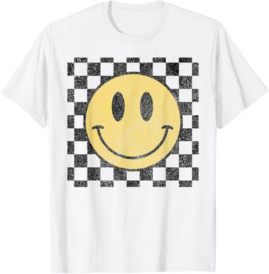 Retro Happy Face Checkered Pattern Smile Face Trendy T-Shirt