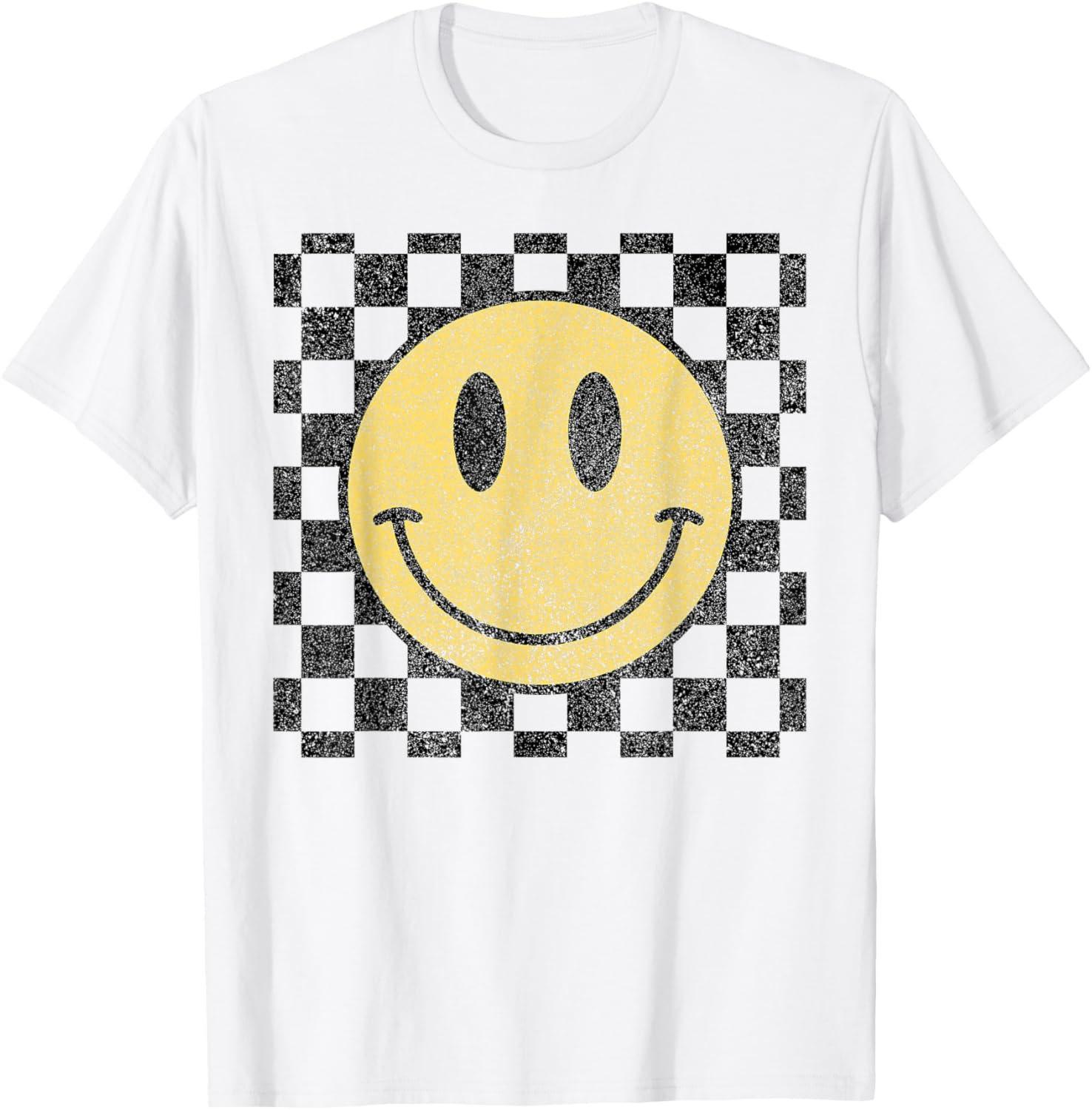 Retro Happy Face Checkered Pattern Smile Face Trendy T-Shirt S