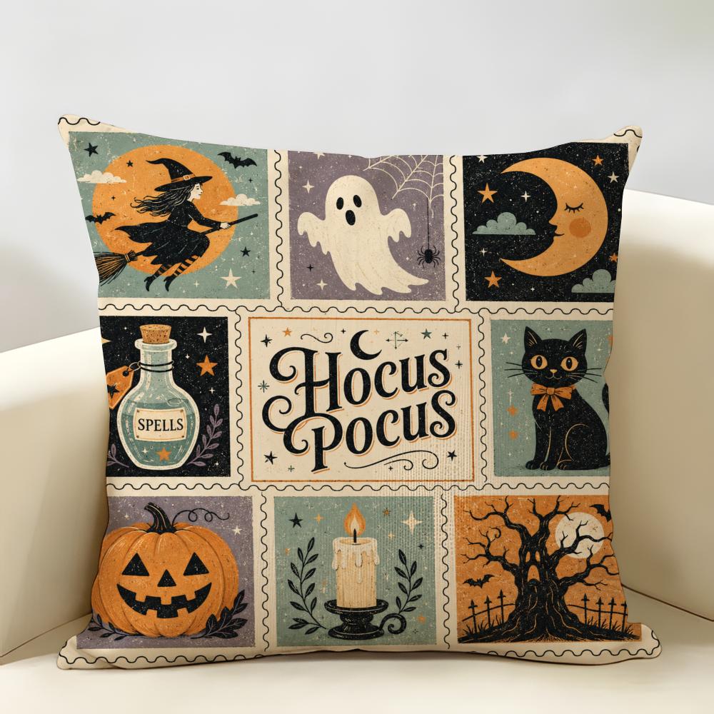 Spooky Cute Halloween Ghost Cat Cushion Cover Natural Linen Fabric Double-Sided Printing Breathable Perfect For Home Decor