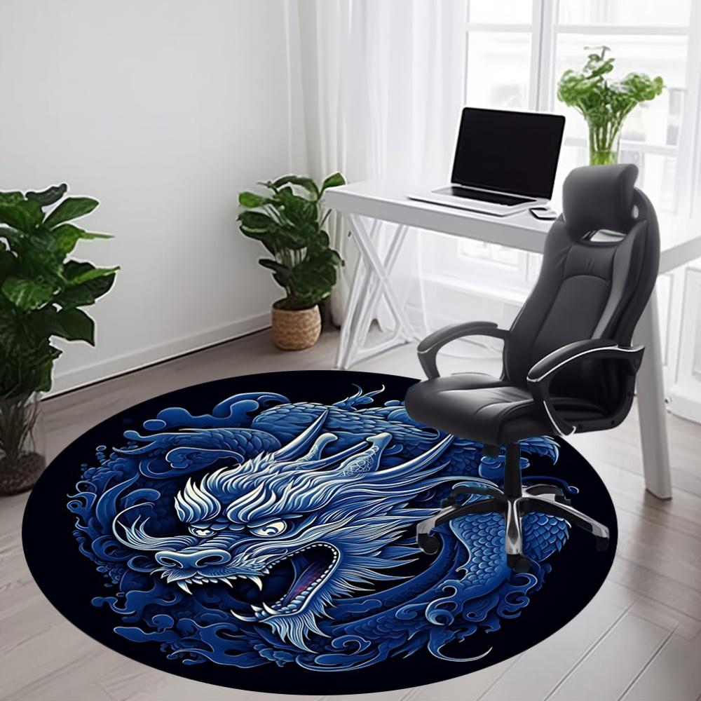 1pc Blue Dragon Design Chair Carpet for Office, Round Non Slip Durable Large Size Office Carpet, Suitable for Office