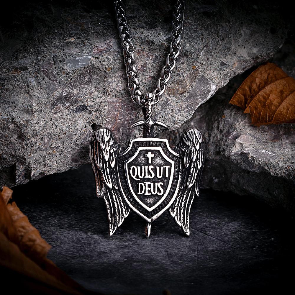 Retro Mens Angel Wings Sword Shield Necklaces Norse Mythology Archangel St Michael Pendant Stainless Steel Cross Amulet Jewelry