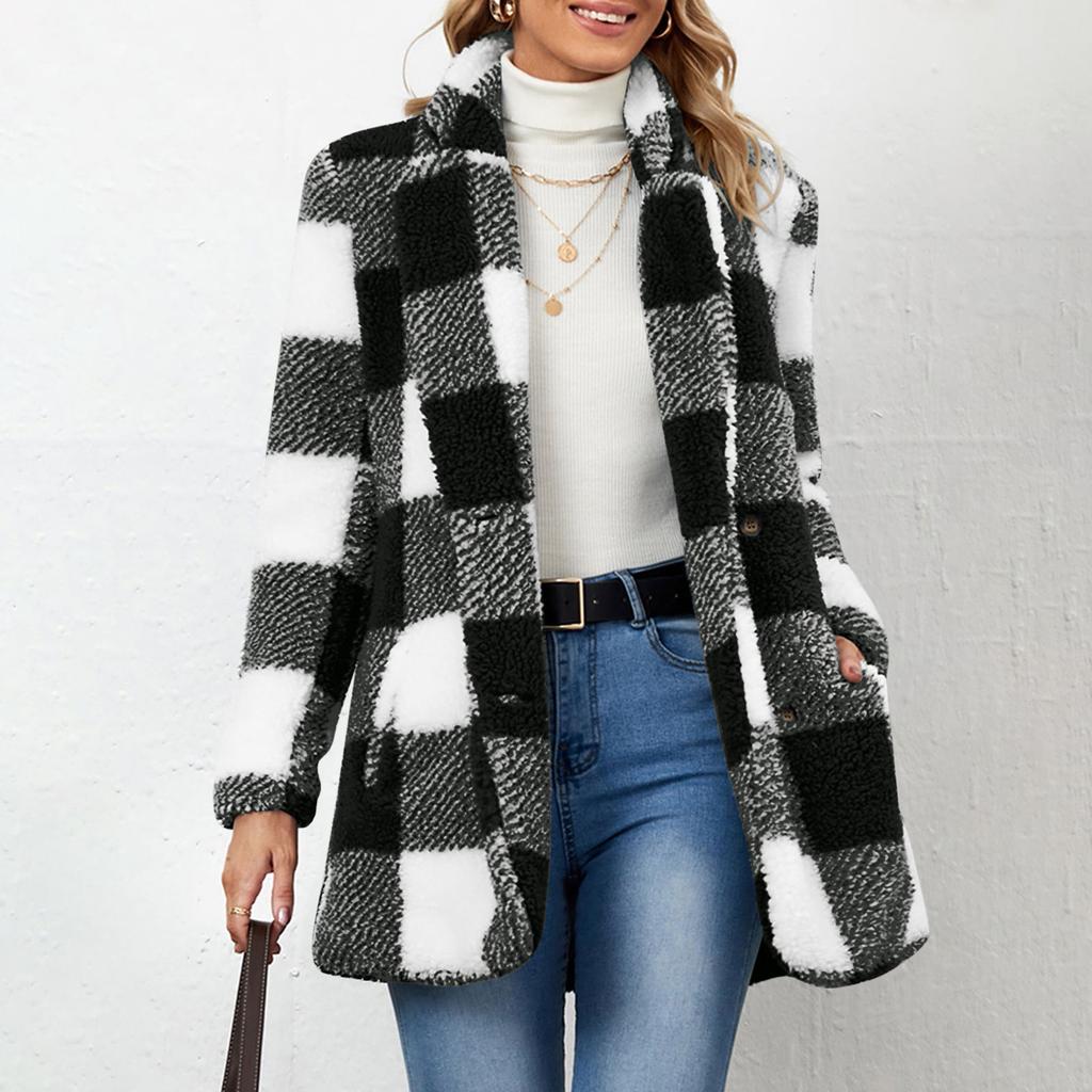 Women's Fashion Plaid Lapel Long Sleeved Coat With Buttons, Plush Warm Jacket With Pockets