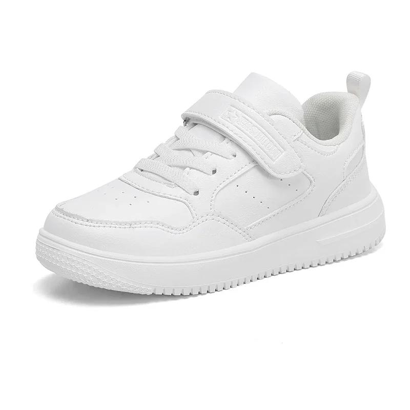 

New Casual Leather Sneakers for Children Solid Color Fashion Skateboarding Shoes for Kids Comfortable Low Top Trainers for Boys 28 белый