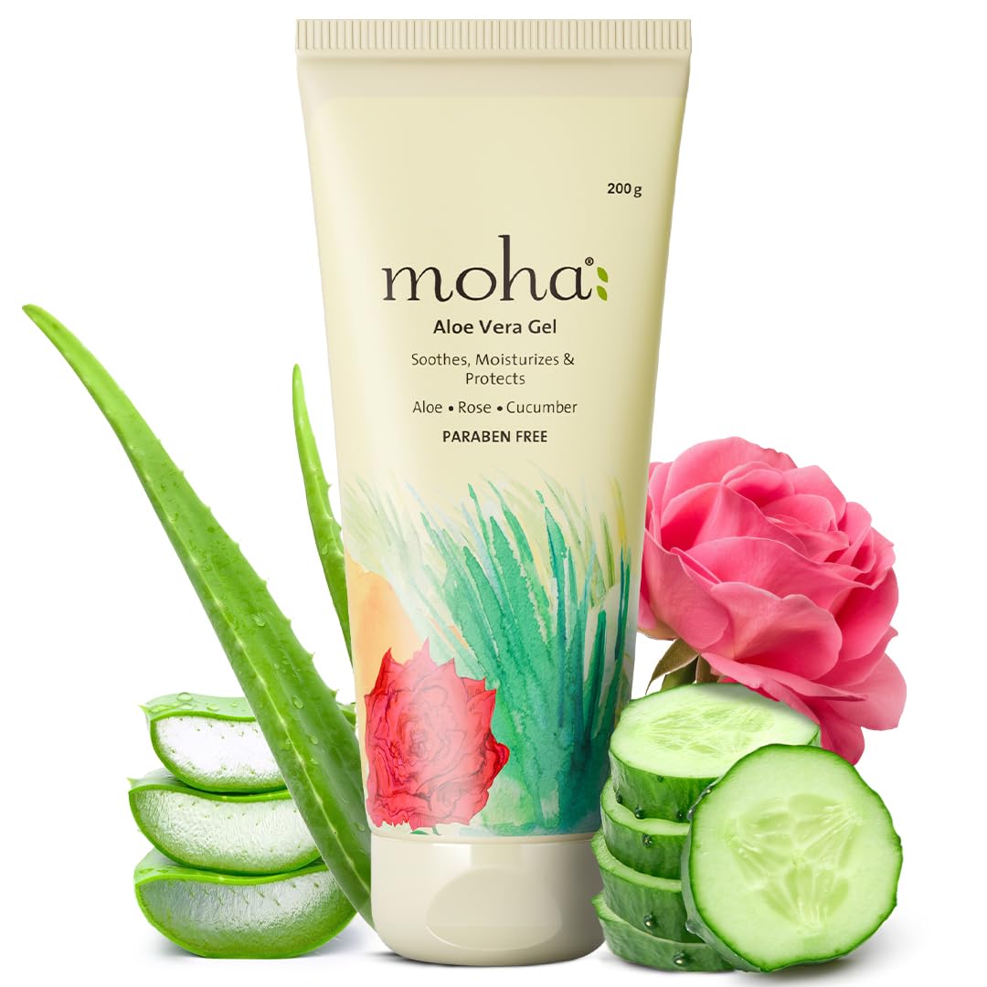 

Moha Aloe Vera Gel 200 ml Pack of 1 for Face, Skin & Hair | Hydrating, Soothing, Lightweight Organic Gel with Rose & Cucumber
