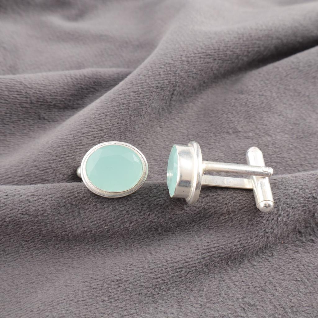 Aqua Chalcedony Gemstone 925 Sterling Silver Jewelry Handmade Cufflinks 0.59" CL-2-19