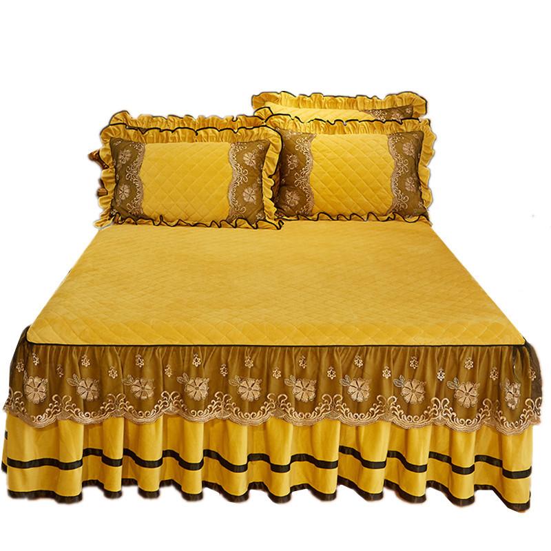 European-Style Crystal Velvet Lace Bed Skirt Winter Fleece-Lined Warm Quilted Bed Cover Bed Skirt Cover Bedding