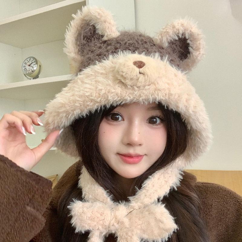 Niedliche Bären Plüschmütze Damen Winter Gesicht zeigend Japanischer Stil Warm Pelzig Ohrenschutz Schnürung Gestrickte Ohrenschützmütze