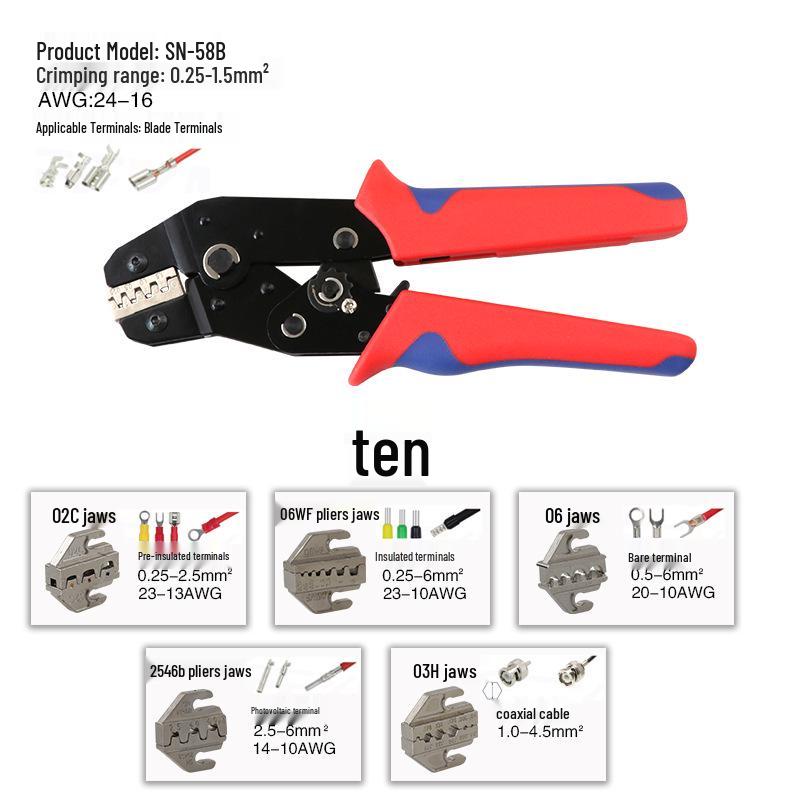 SN-58B Crimping Pliers Set for Pre-Insulated and Bare Terminals with Jaws 2546B/06WF/03H/06/02C