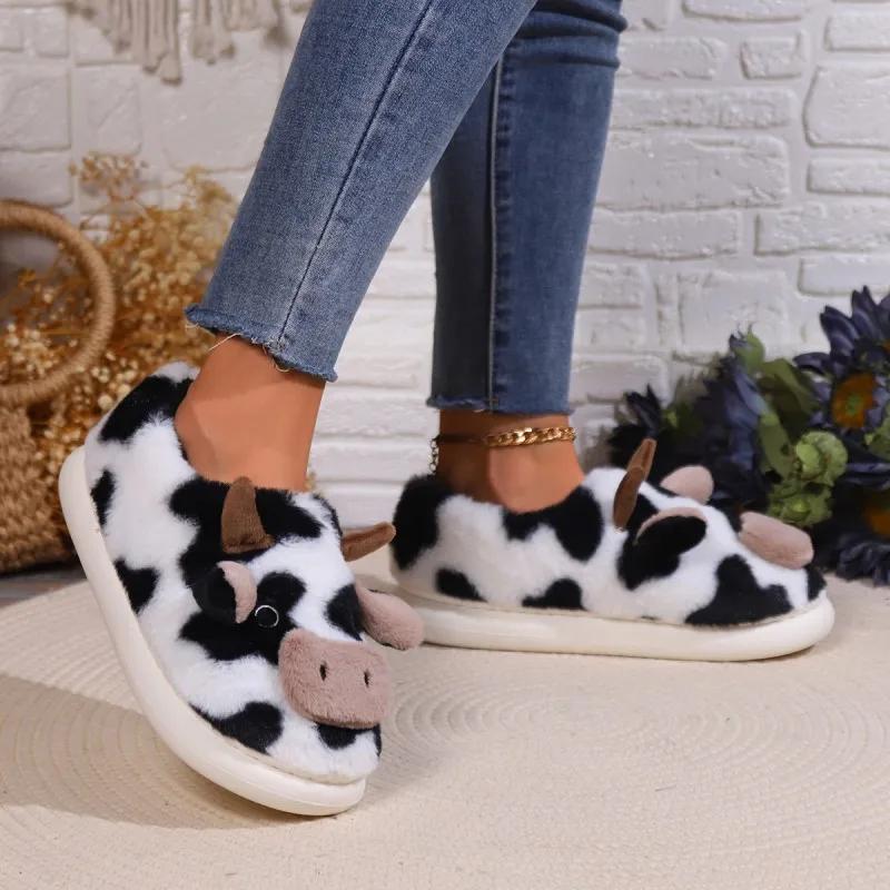 Cartoon Cow Plush House Slippers Women Winter Warm Non Slip Indoor Bedroom Slippers Woman Faux Fur Soft Sole Bedroom Home Shoes