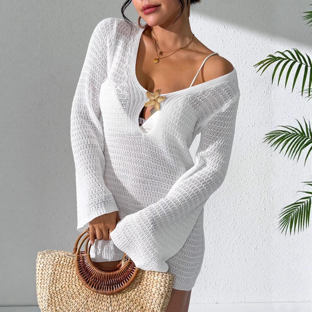 Sexy Deep V Cutout Trumpet Sleeve Beach Cover-up Bikini with A Matching Metallic Star Sequined Dress for Women