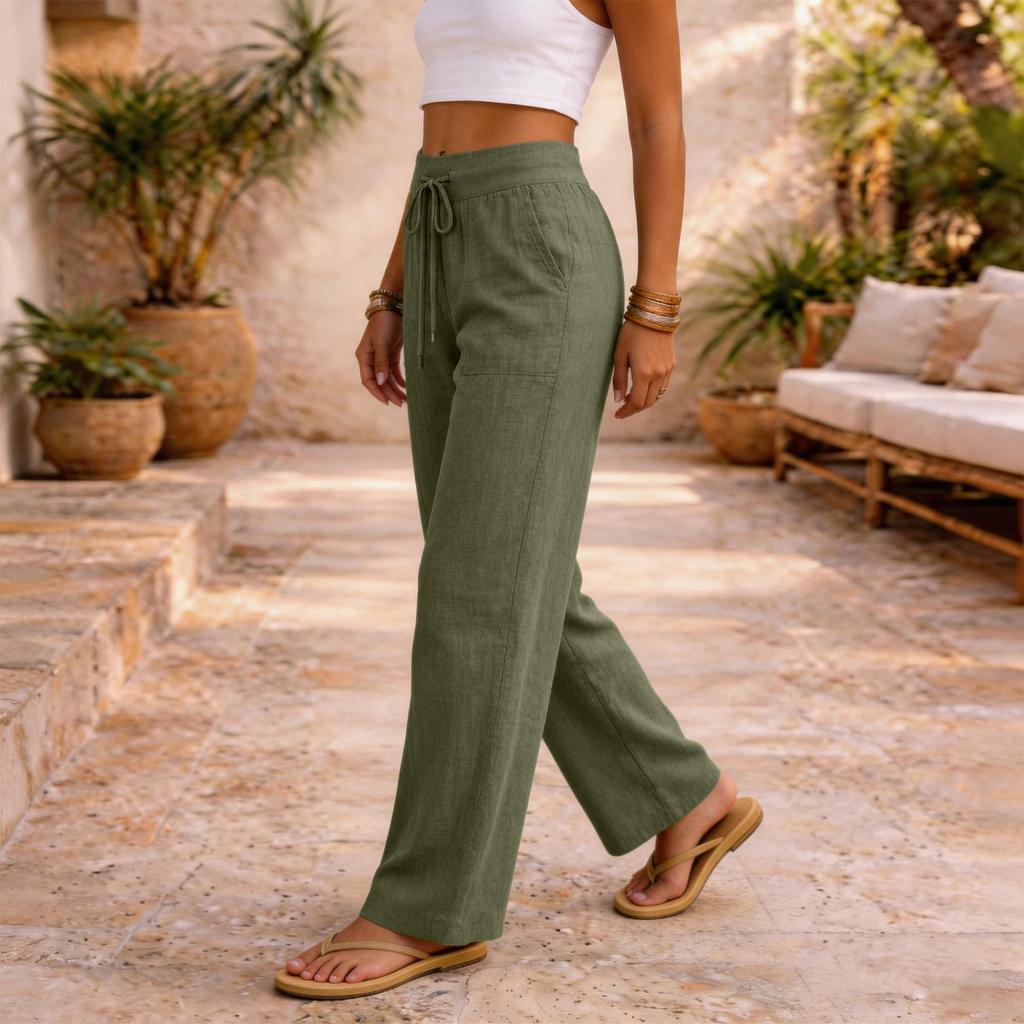 Women Casual Loose Fit High Waist Drawstring Straight Leg Wide Leg Pants Lightweight Relaxed Trousers for Daily Wear