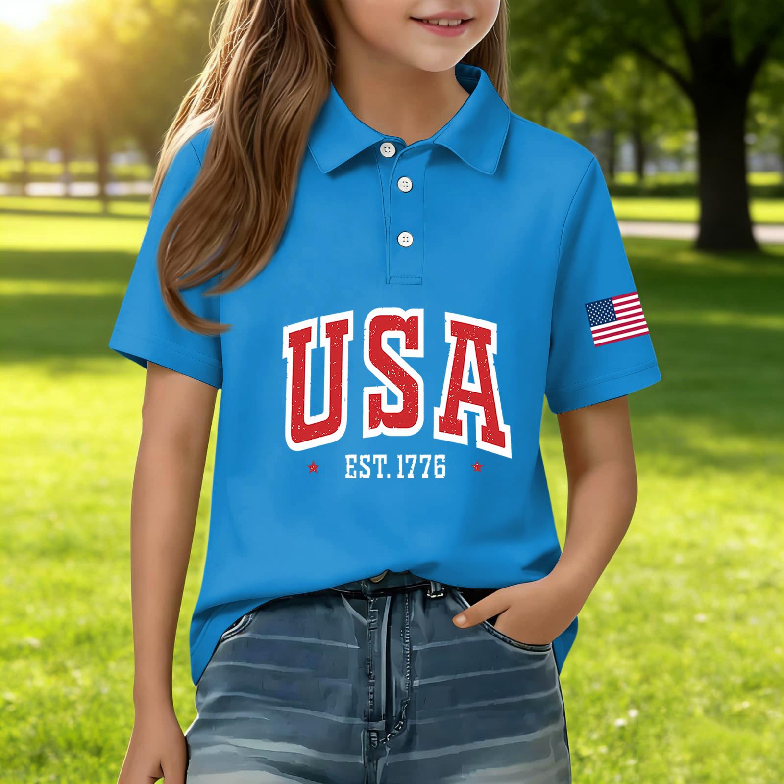 

Kids Polo Shirt USA Print Short Sleeve Casual Top Boys Girls Summer Lightweight Cotton Blend Tee 110