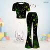 Girls Navy Blue Round Neck Short Sleeve Printed Top Flared Pants Two Piece Set