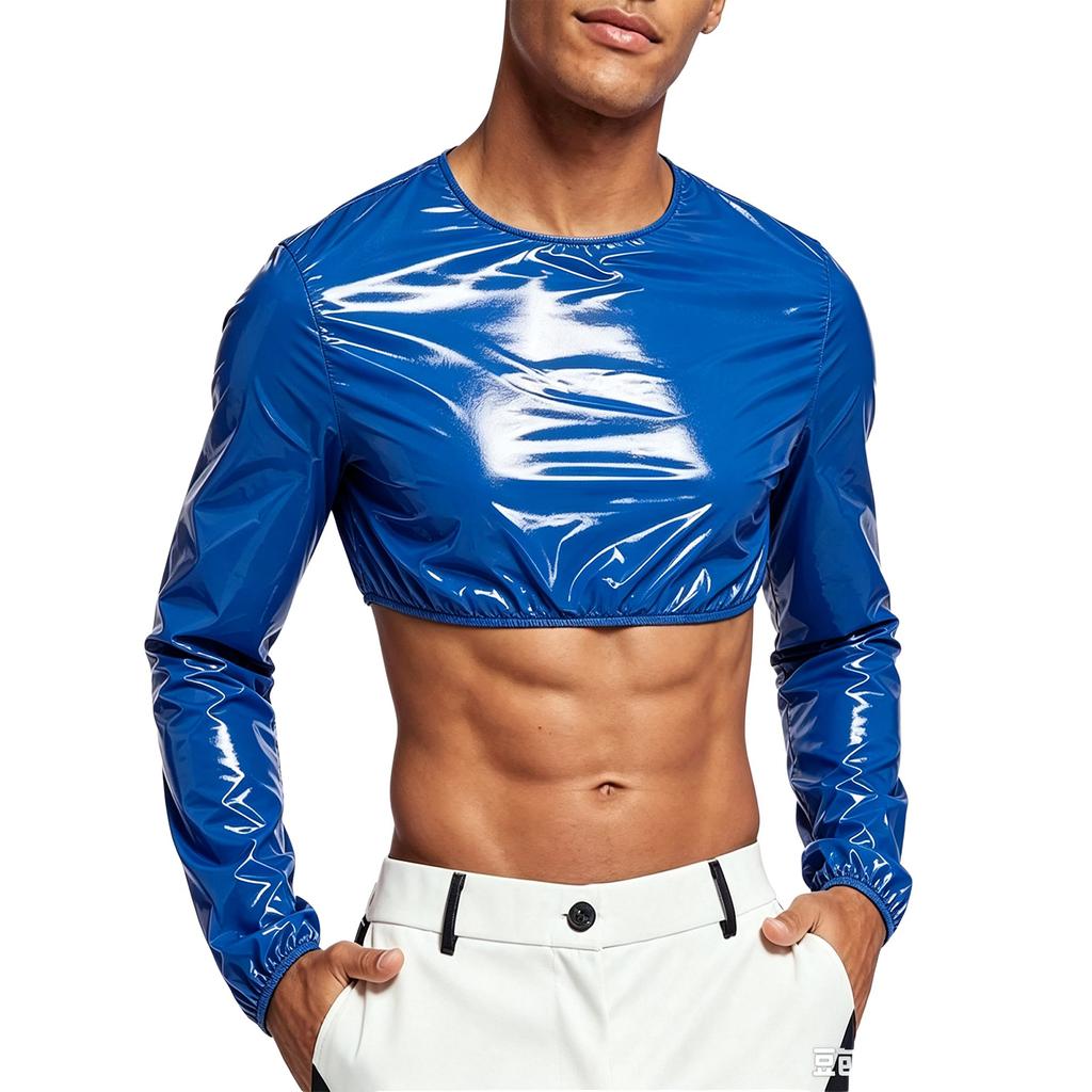 Dámský voděodolný lesklý crop top noční oblečení s kulatým výstřihem a dlouhým rukávem, crop mikina s tričkovým vzhledem a zapínáním na zip na zádech