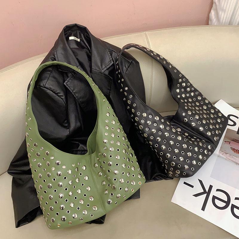 Leather Bag Women's Green Large Capacity Bucket Fashion Rivet Casual Tote Bag Handbag Cool High Quality Shoulder Underarm Bag