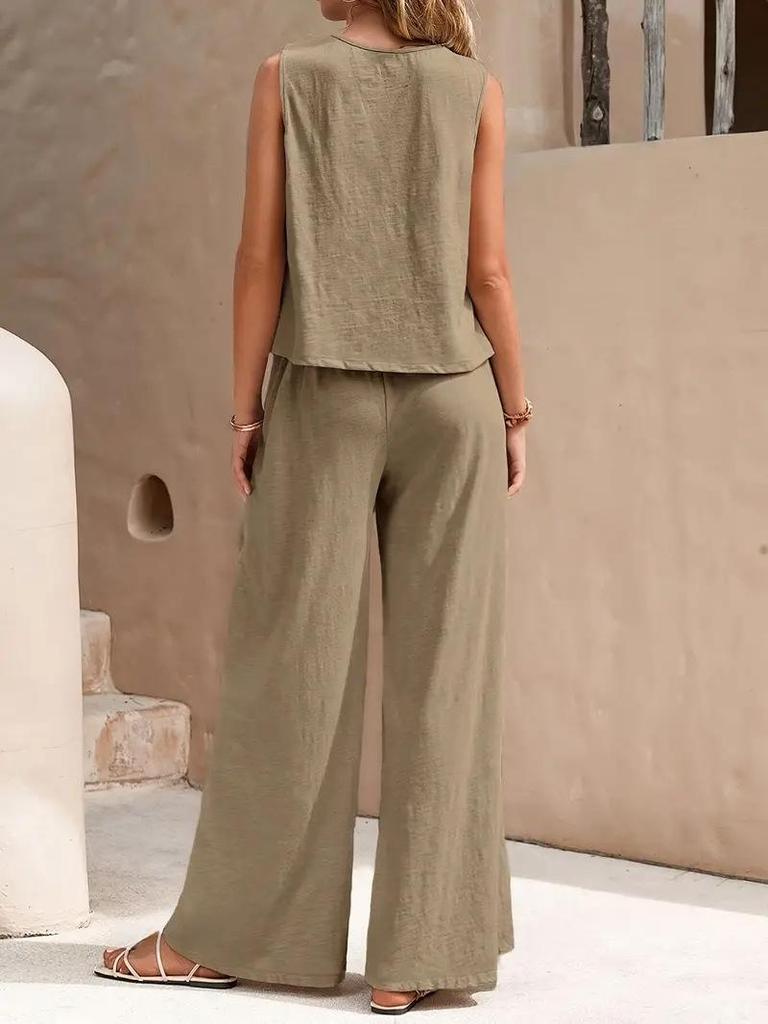 2025 Elegant Solid Color Two-Piece Set: Crew Neck Tank Top & Wide-Leg Pants for Women