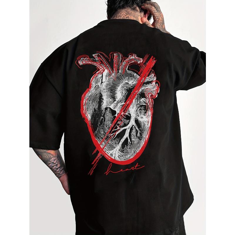 Sketch Anatomical Heart Graphic Shirt Grunge Red Stroke Back Print Loose Collared Casual Long Sleeve Top