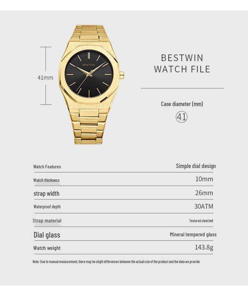 BESTWIN Men's Waterproof Quartz Watch with Butterfly Double Snap Closure