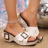 Fashion Women Sandals On Offer Slope High Heel Fashion Solid Color Metal Buckle Slope Heel Casual Sandals For Women Dressy Summer 2025