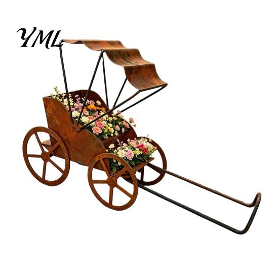 Fun Yard Decorations Rustic Rickshaw Garden Ornament, Decorative Metal Sculpture, Weatherproof Rustproof Sculptures Retro Outdoor Decoration for Lawn