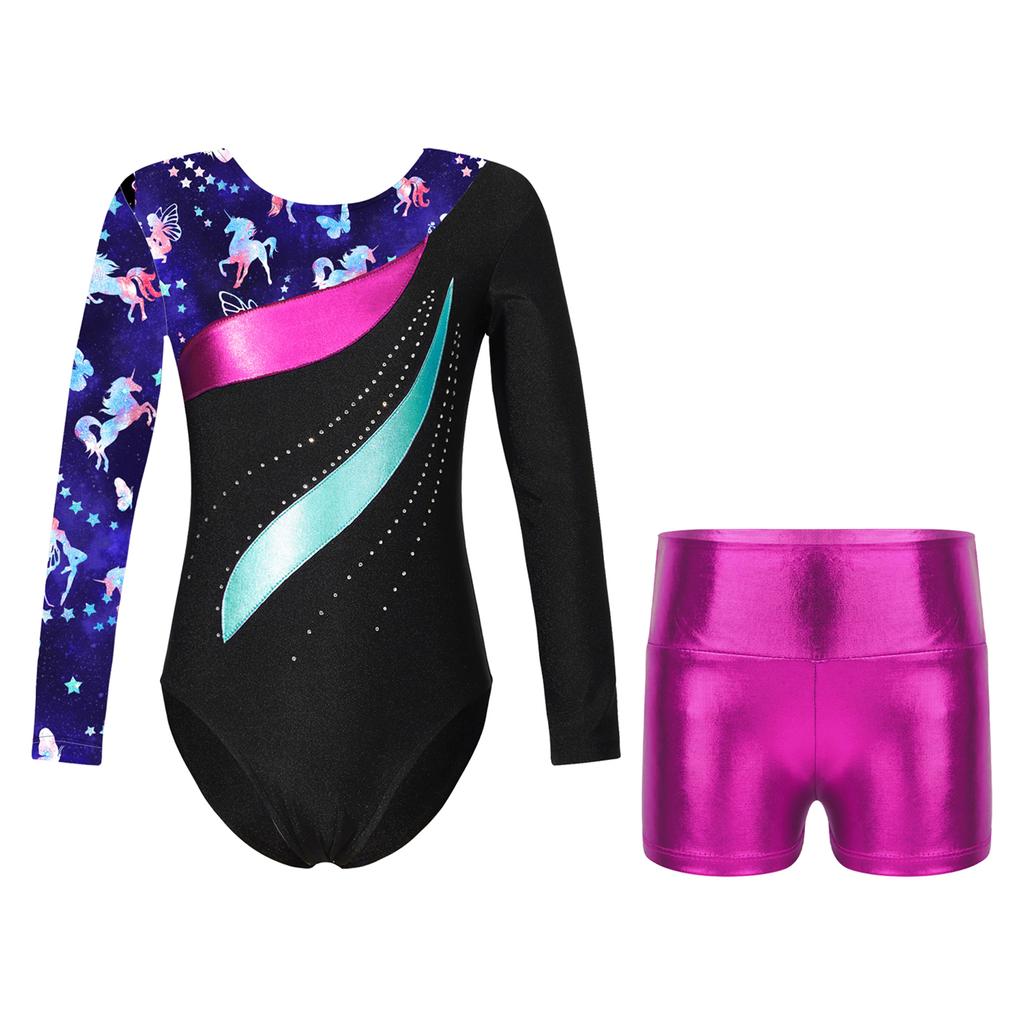 Girls Dance Set Long Sleeve Leotard Shiny Rhinestones Printed Patchwork Design Metallic High Waist Shorts