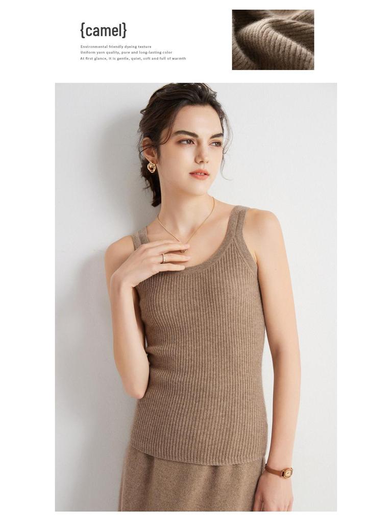 100% Pure Cashmere Striped Round Neck Slim Fit Women's Winter Vest
