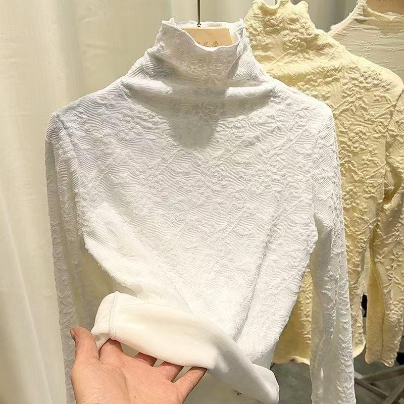 Women's High-Neck Lace Jacquard Base Layer Top - Fleece or Thin-Lined for Autumn & Winter Warmth.