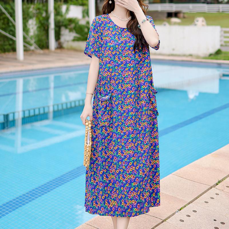 Vintage Print Long Dresses for Women Plus Size Short Sleeve Casual Summer Dress Elegant Middle-aged Women's Clothing