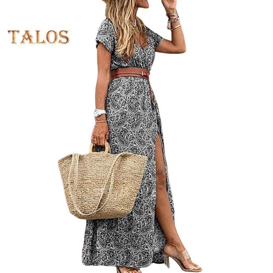 

Летнее платье для отпуска с поясом, V-образным вырезом, короткими рукавами, узкой талией, пляжным макси-платьем с цветочным принтом и разрезом по низу, платье в стиле бохо XXL