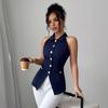 Women's Deep Blue Sleeveless Halter Top with Gold Button Decorations
