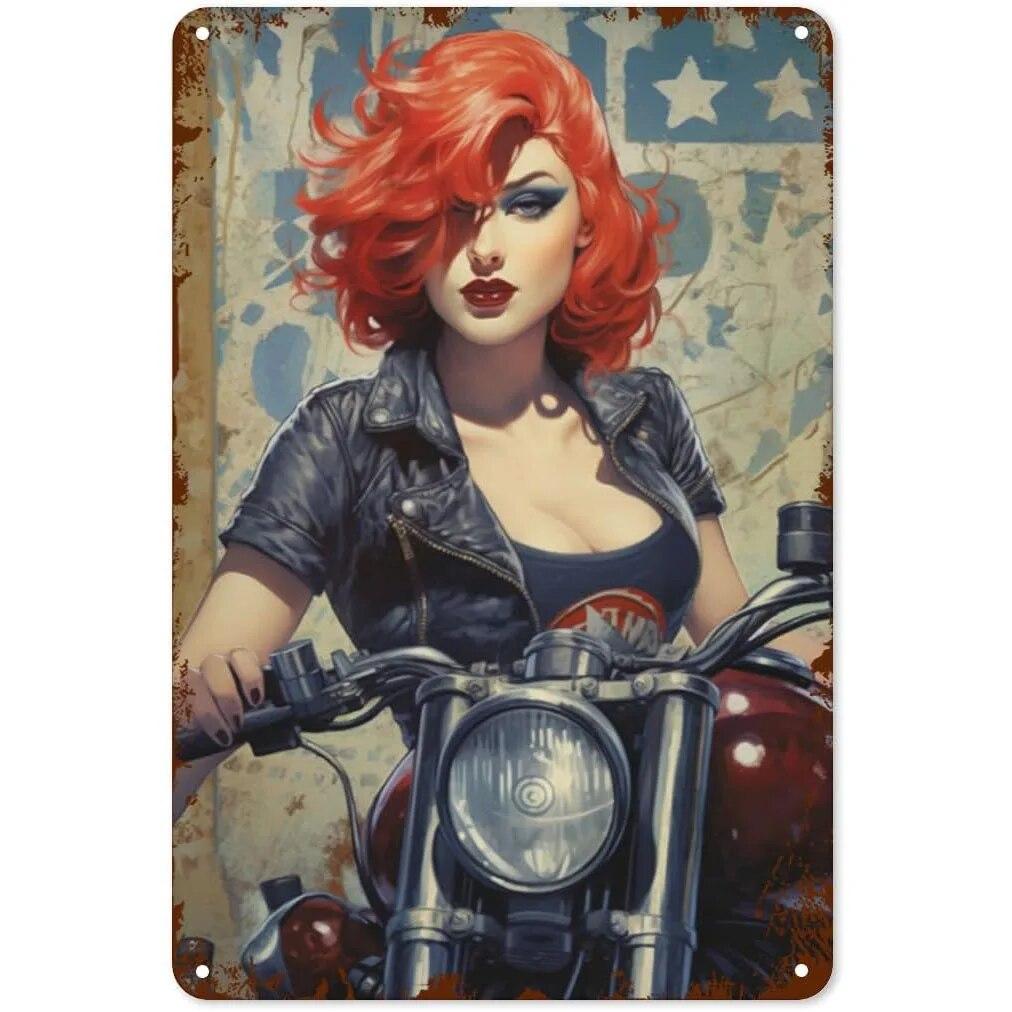 Metal Tin Signs Pin Up Girls Woman Motorcycle Vintage Funny Art Wall Decorations for Home Man Cave Garage Cafe Bars Clubs Pubs