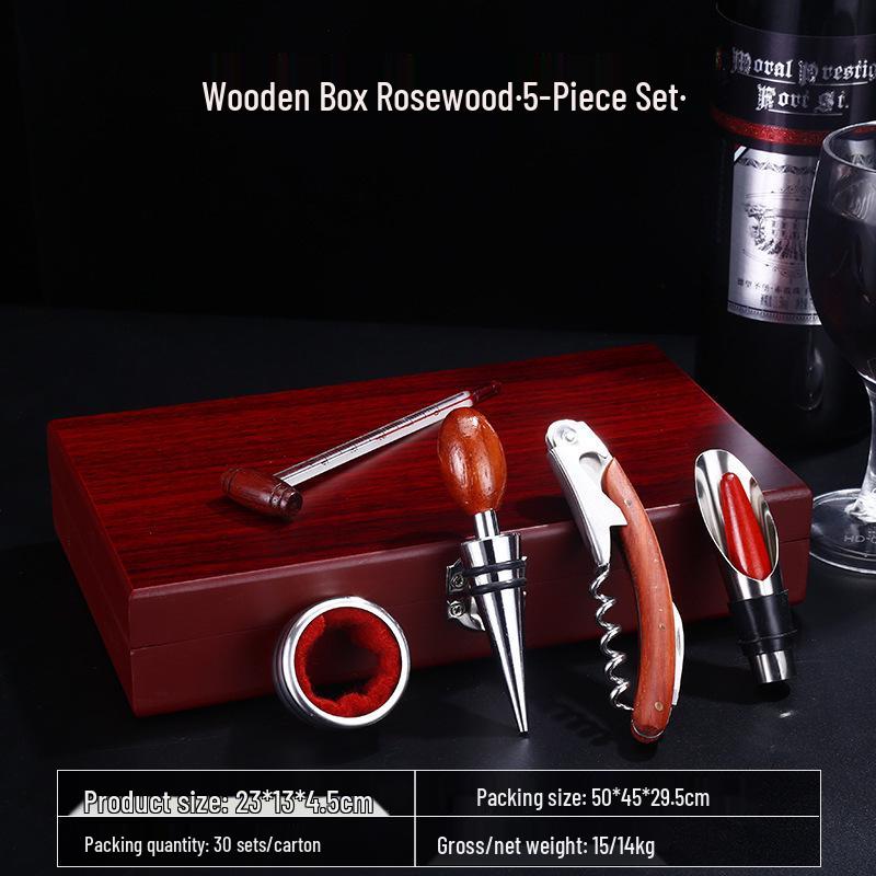 Premium Wine Opener Gift Set: Stainless Steel Pourer, Leather & Wooden Box, Waiter's Knife Corkscrew Barware