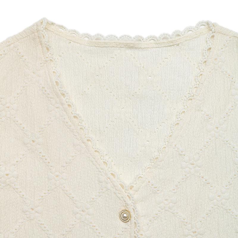 Elegant V-Neck Floral Lace Jacquard Short Sleeve Women's Shirt 2026