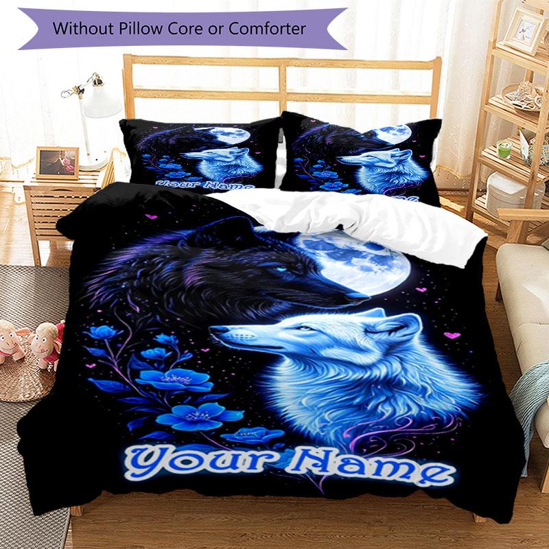 3PC Custom Name Wolf Moon Night Bedding Set Printed Bedding Set Duvet Cover Closure Includes 1 Duvet Cover & 2 Pillowcases for All Seasons Bedroom