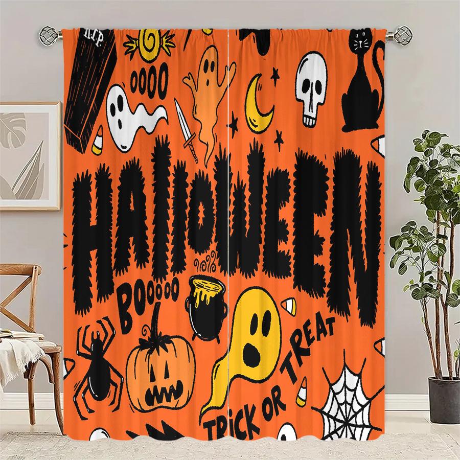 2pcs- Halloween Happy Polyester Curtains, Pole Bag Curtains 42*84, Bedroom Living Room, Home Room Party Decoration
