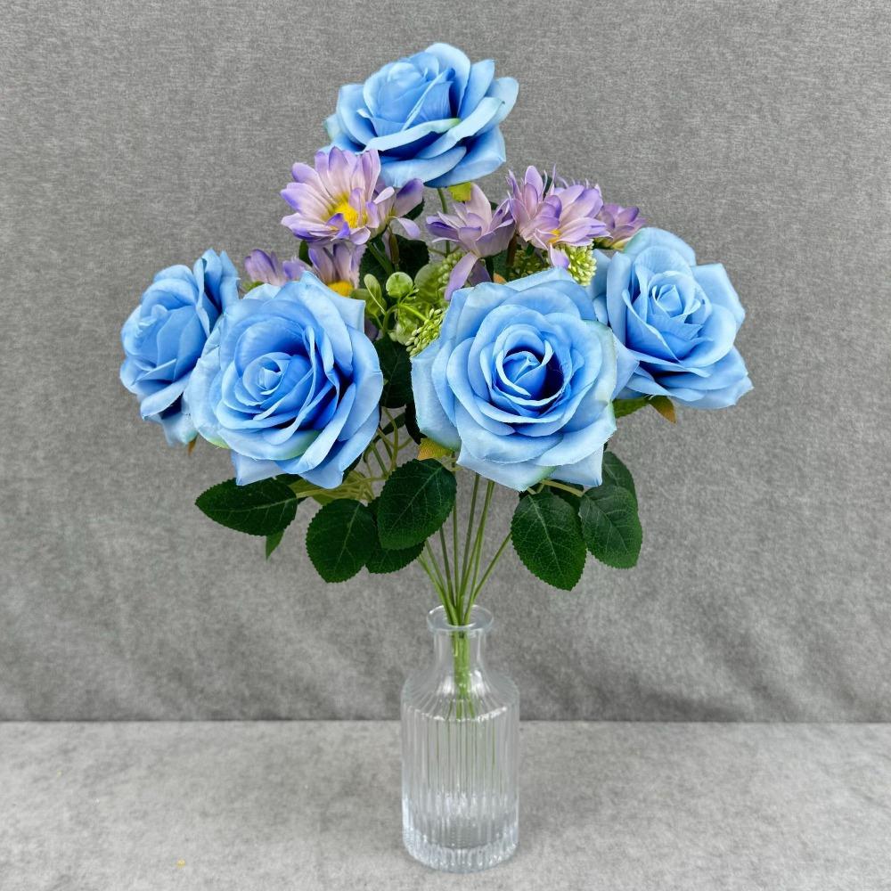 Multicolor Artifcial Rose Flower Curled Edge Petals Green Leaves Faux Flower Rose Accesssories Desktop Ornament